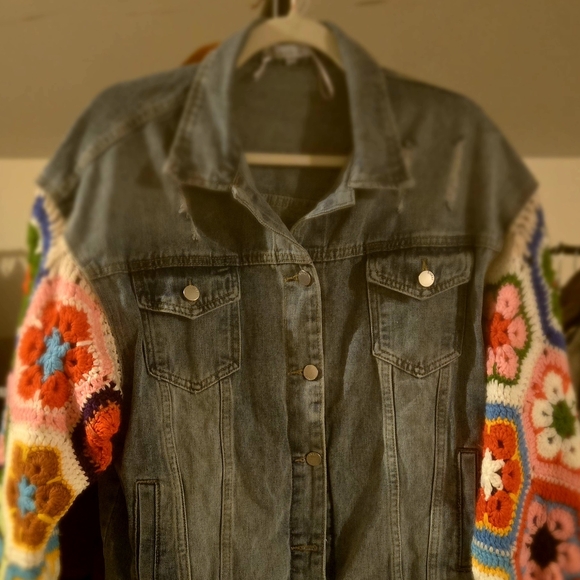 Miracle Denim Jacket with Multicolor Crochet Sleeves - Picture 3 of 7